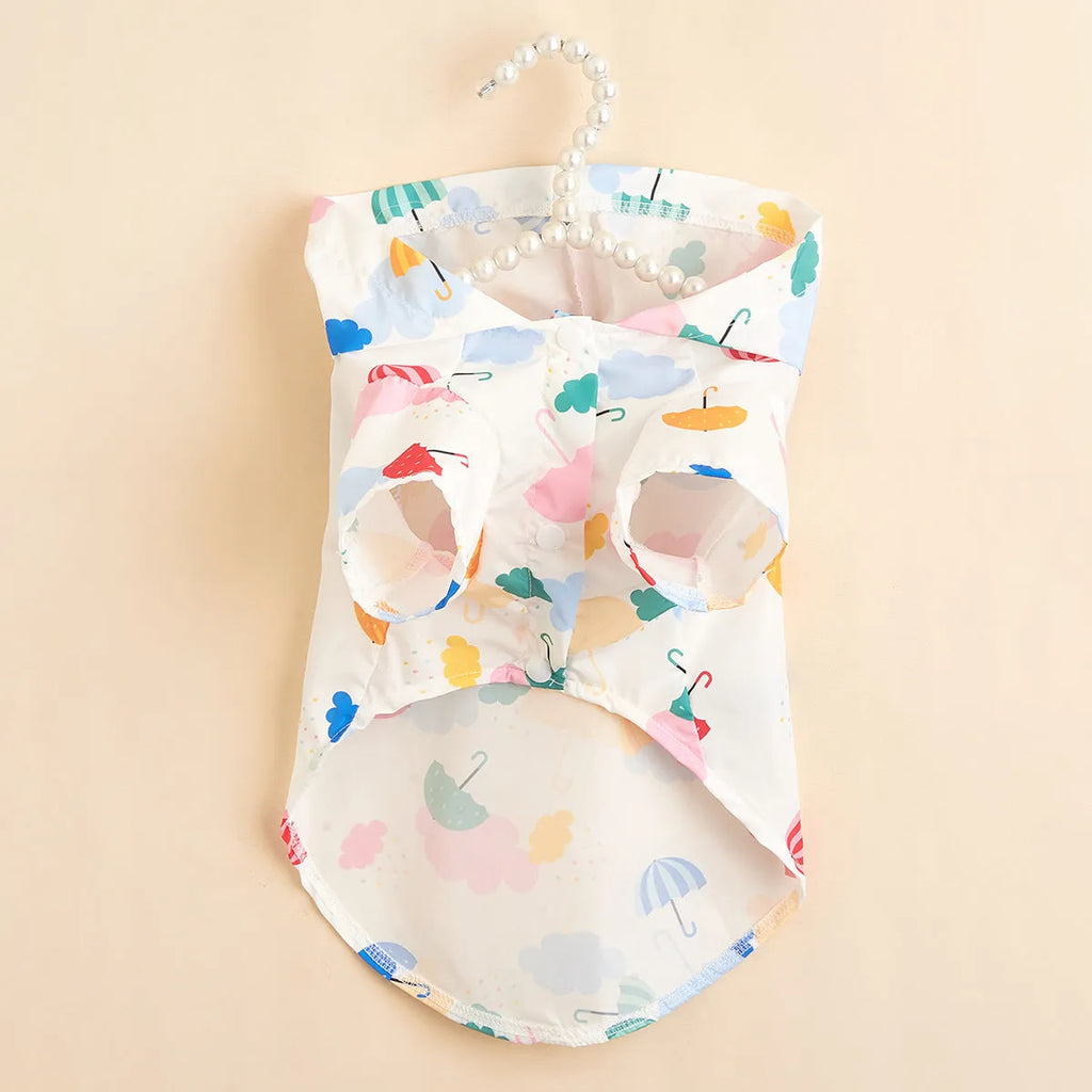 Colourful cartoon umbrella pattern polyester raincoat for a dog or cat, shown in size L.