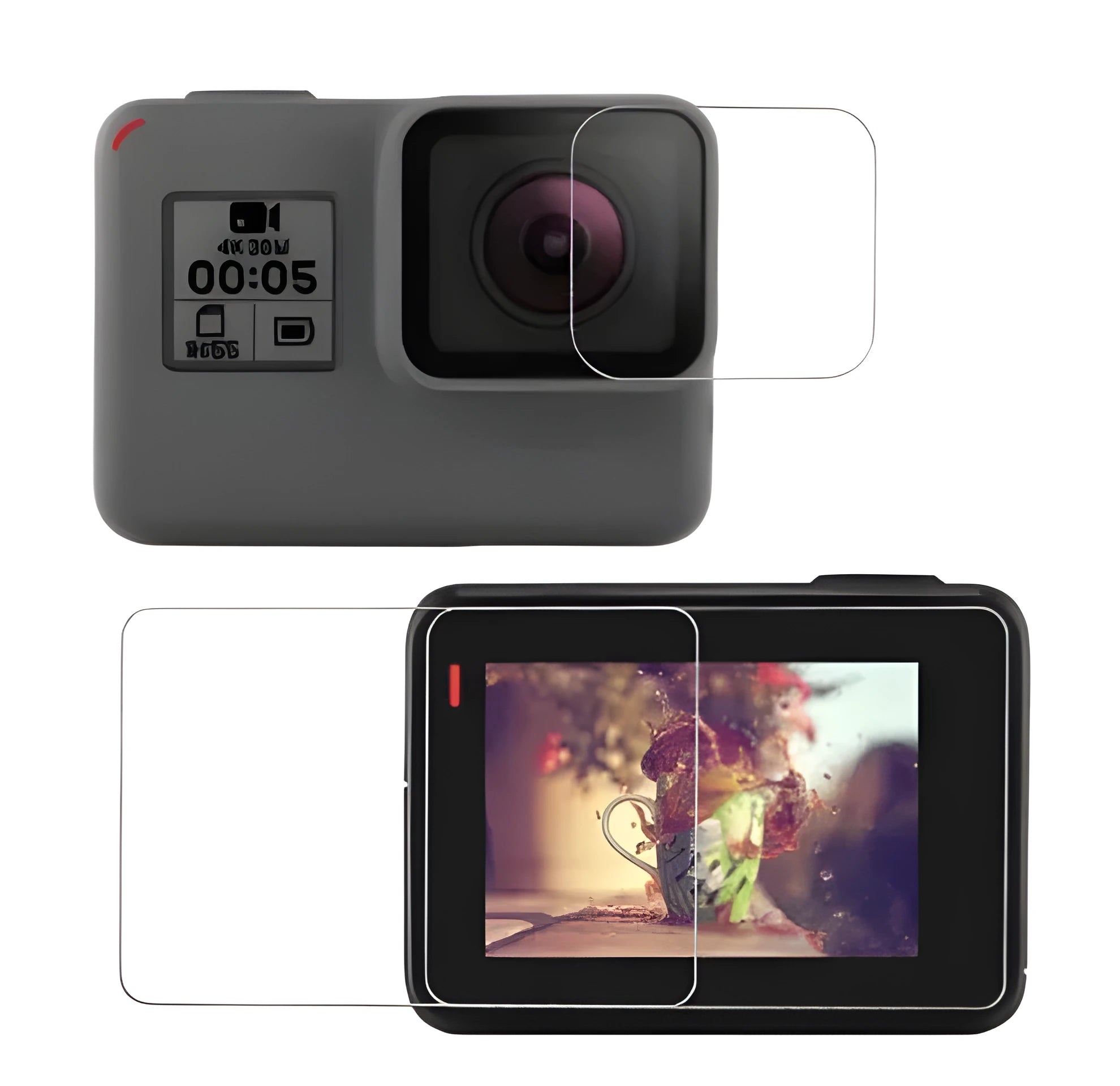9H tempered glass screen protector and lens film for GoPro Hero 5, 6, and 7 action cameras.