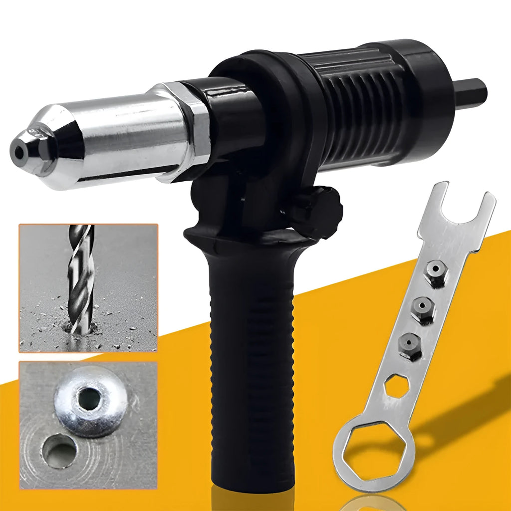 Black metal electric drill rivet gun adaptor with handle, wrench, and four rivet heads on a workbench.