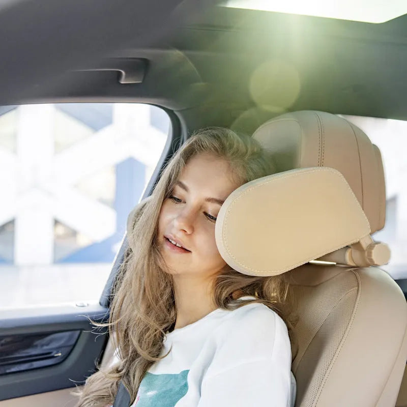 Car seat headrest pillow with memory foam bolsters and adjustable ABS support rod in beige
