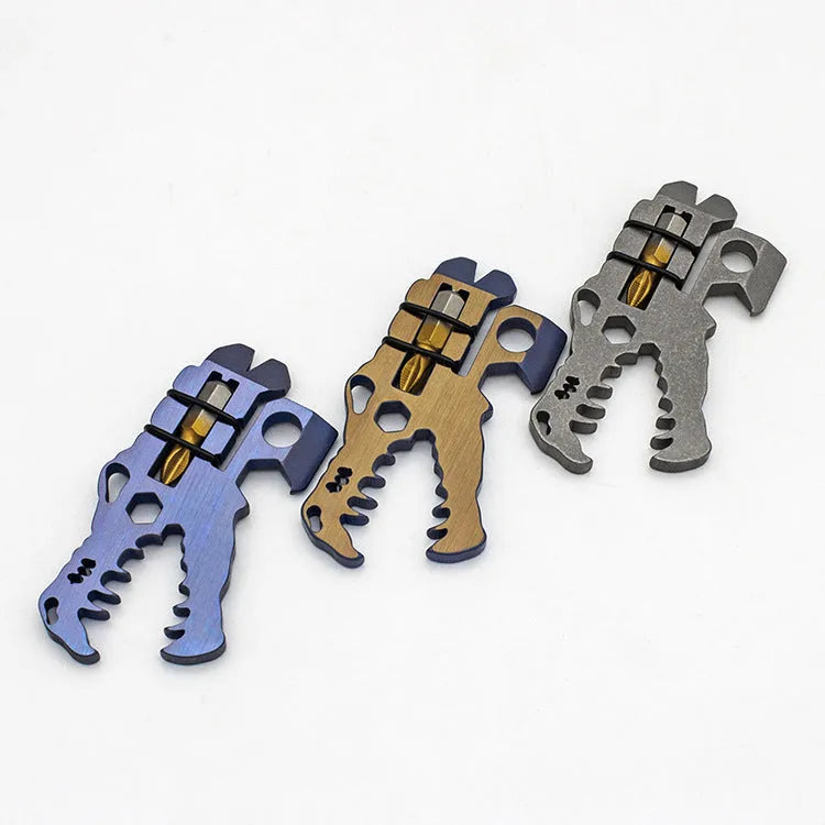 Dinosaur head tool in TC4 titanium, 78 x 42 x 5mm, 34g, shown in grey blue or copper for outdoor and home use