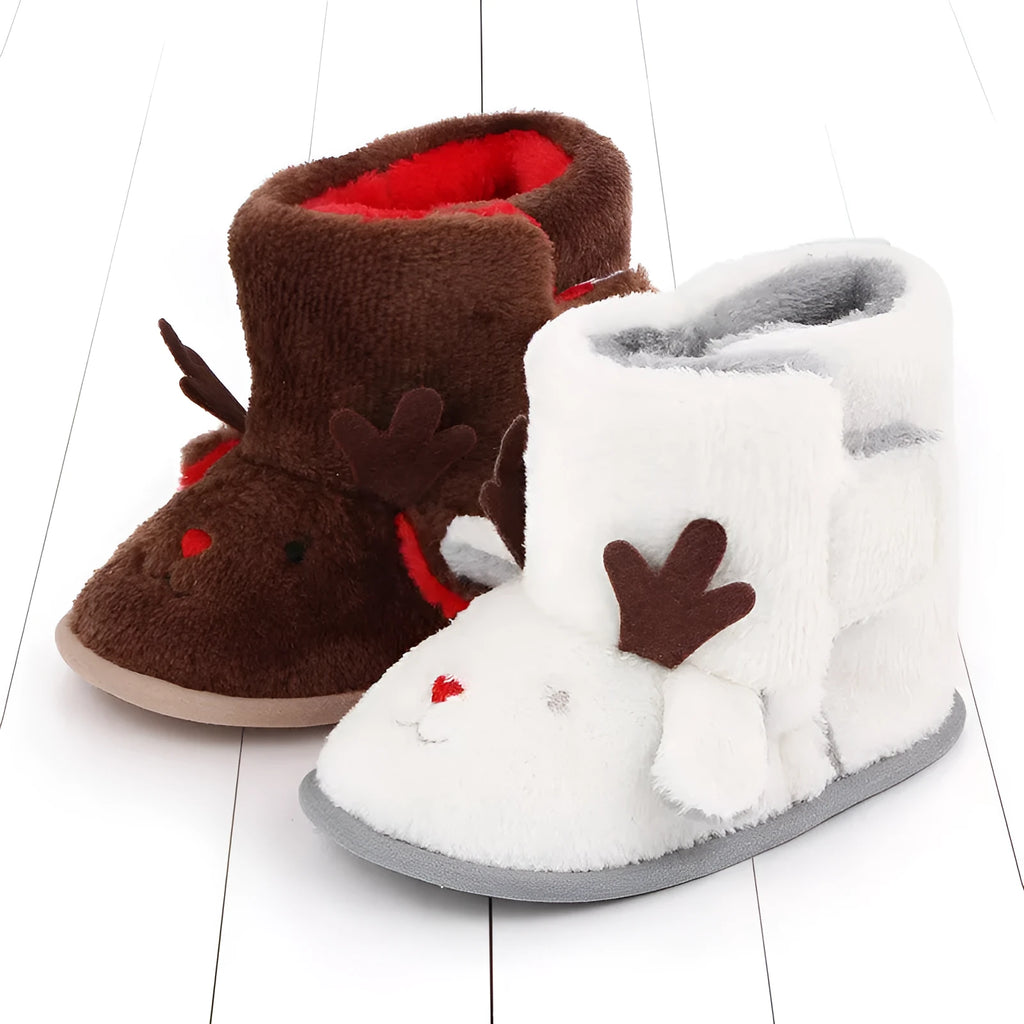 Plush cartoon baby boots in brown and white sizes 11cm 12cm 13cm for winter warmth