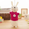 Rabbit plush pencil case showing seven colour options with dimensions 30cm by 14cm