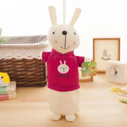 Rabbit plush pencil case showing seven colour options with dimensions 30cm by 14cm