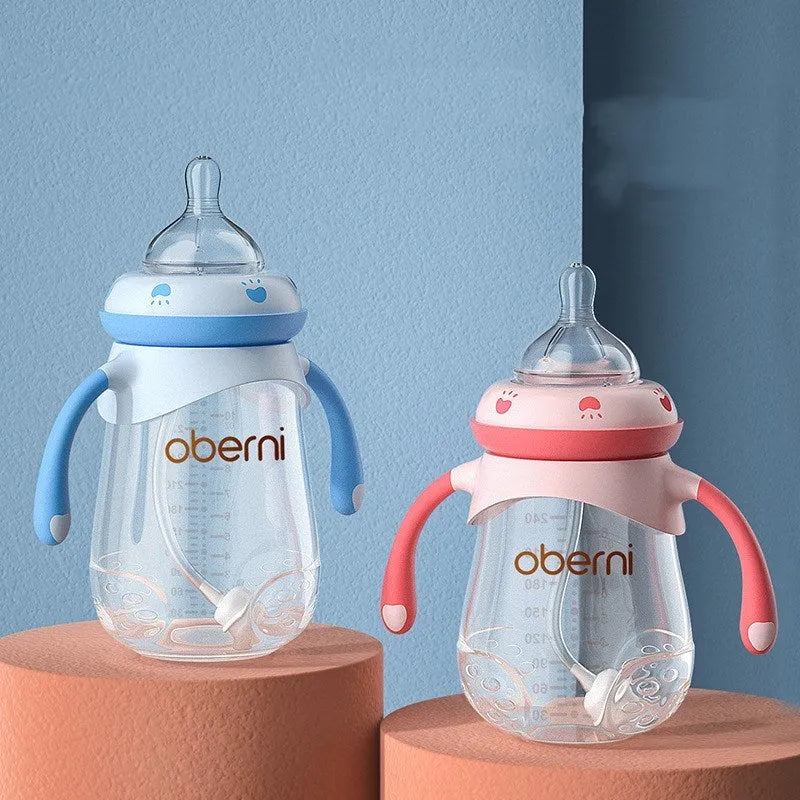 Blue wide neck baby bottle with handle in gourd shape on white background