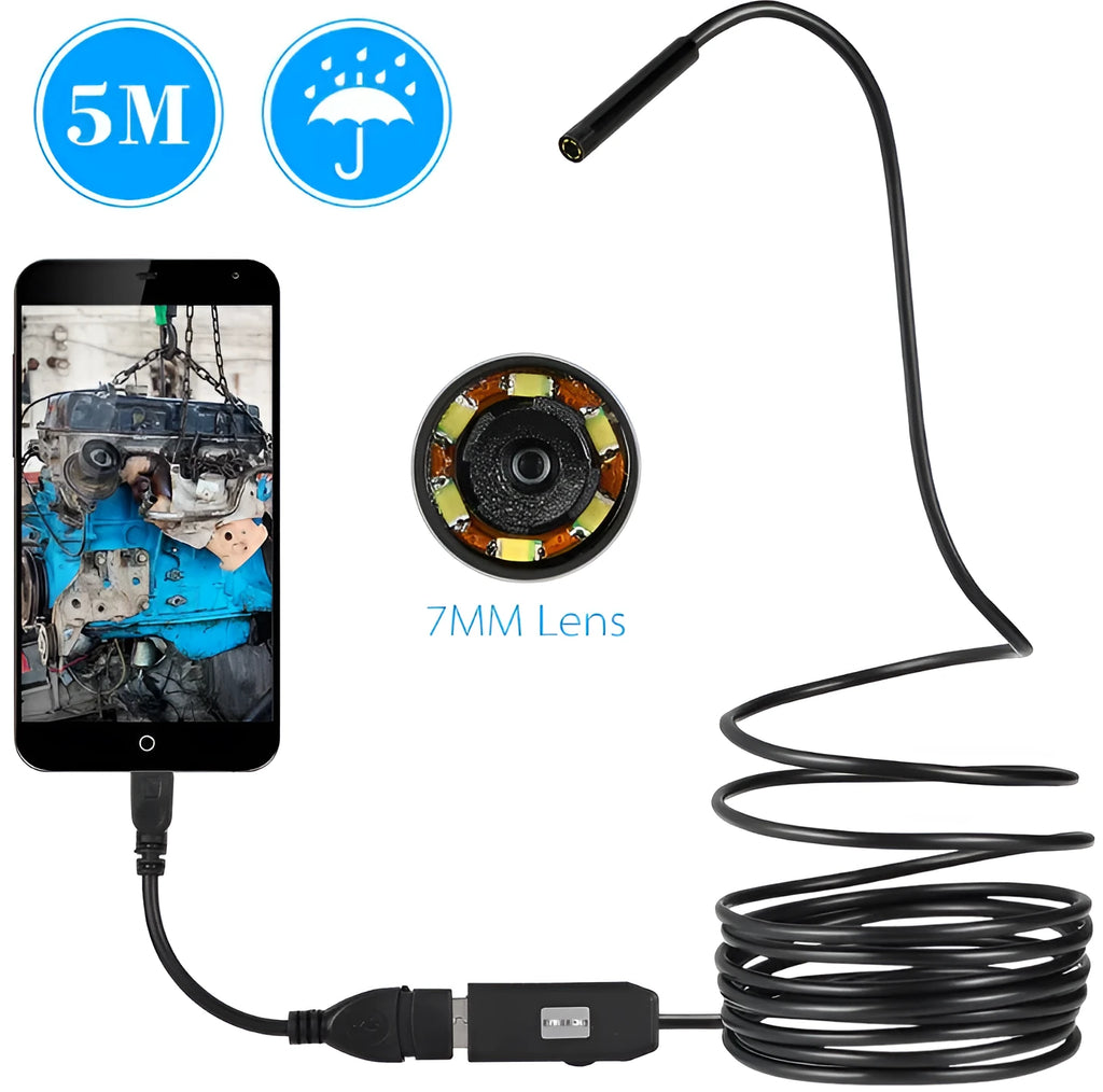 OWSOO USB endoscope camera with 5m cable, 6 LED lights, hook, magnet, and side mirror for Android and computer inspection