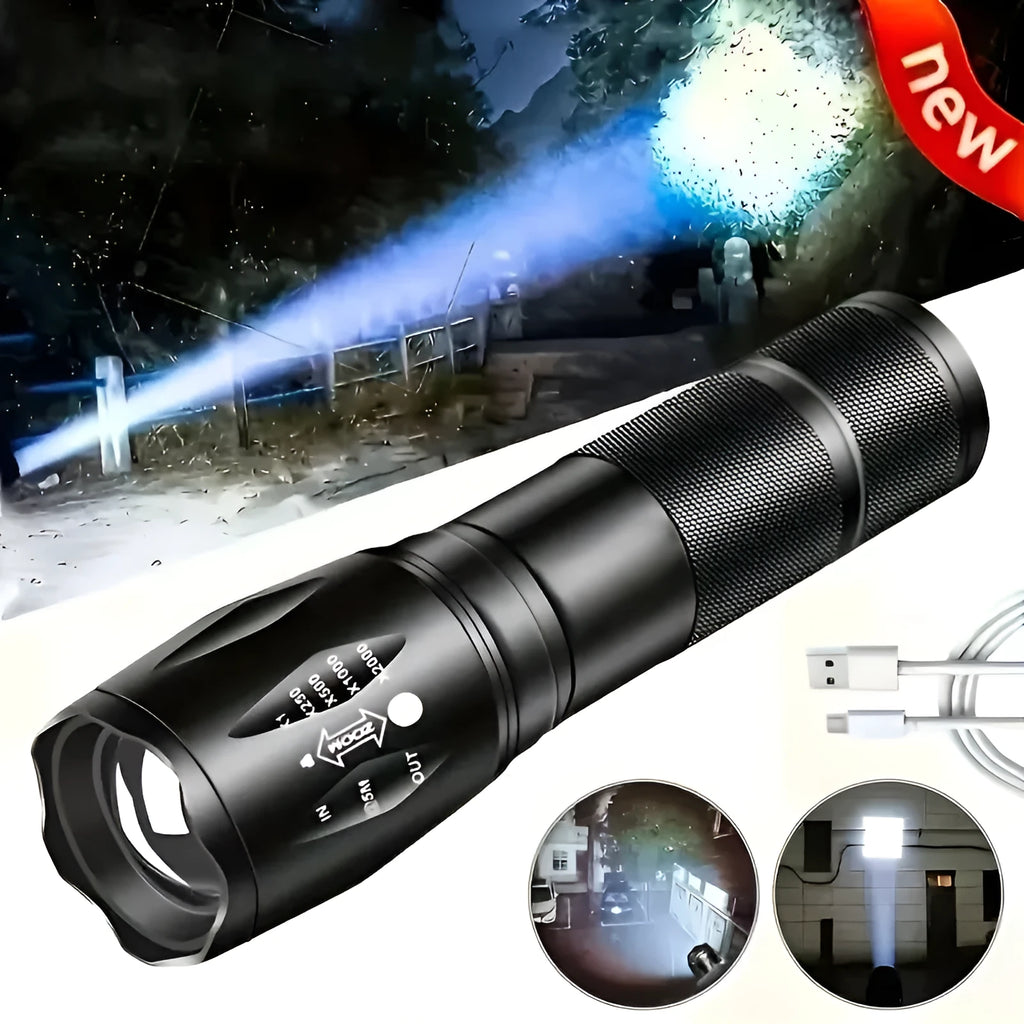 High power LED tactical flashlight with black aluminium alloy body, CREE XM-L bulb, adjustable zoom, standing upright on a wooden surface.