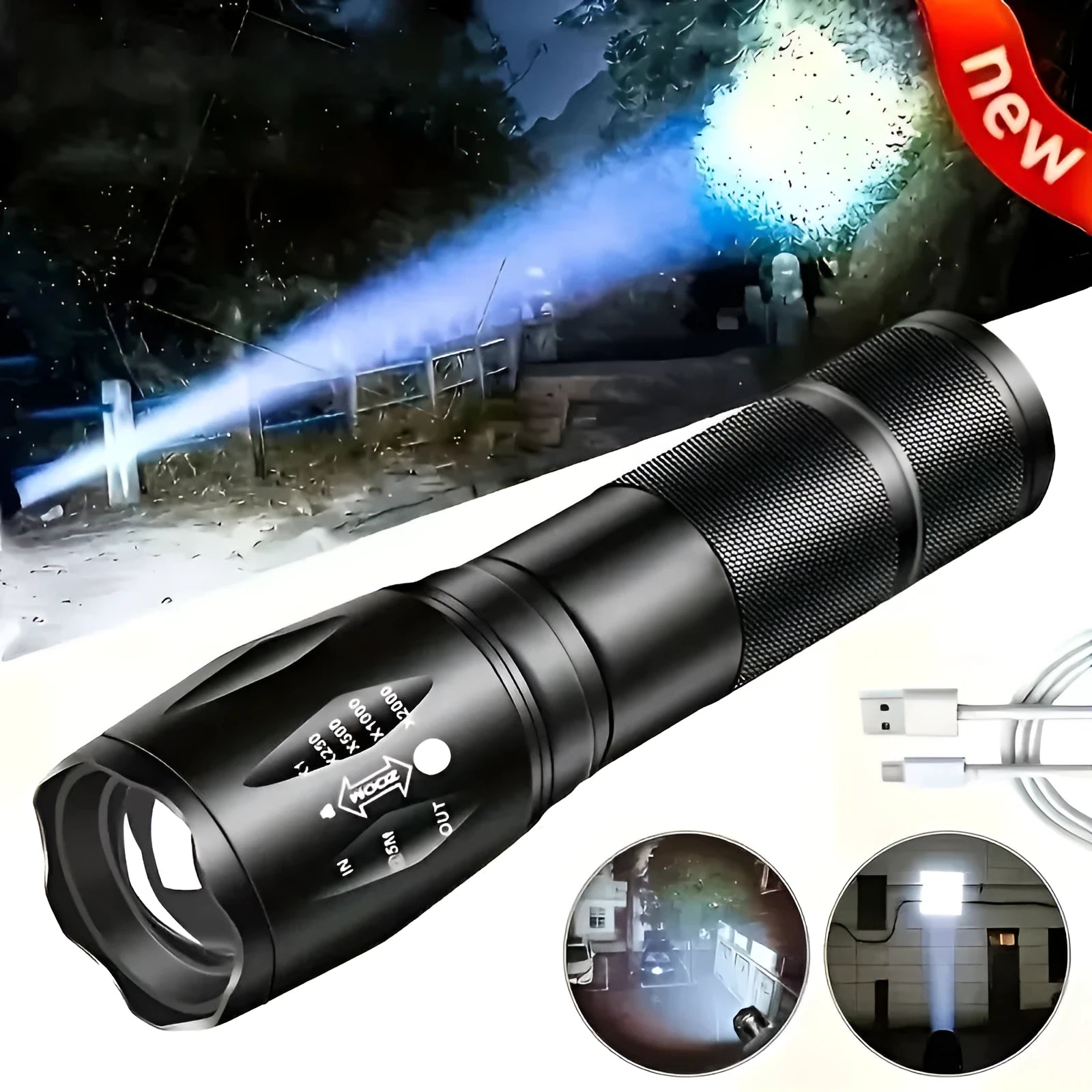 High power LED tactical flashlight with black aluminium alloy body, CREE XM-L bulb, adjustable zoom, standing upright on a wooden surface.