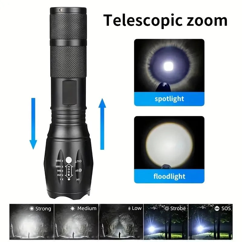 High power LED tactical flashlight with black aluminium alloy body, CREE XM-L bulb, adjustable zoom, standing upright on a wooden surface.