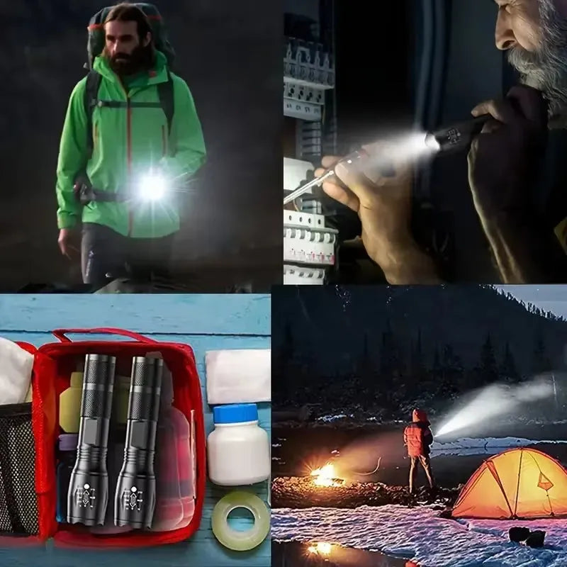 High power LED tactical flashlight with black aluminium alloy body, CREE XM-L bulb, adjustable zoom, standing upright on a wooden surface.