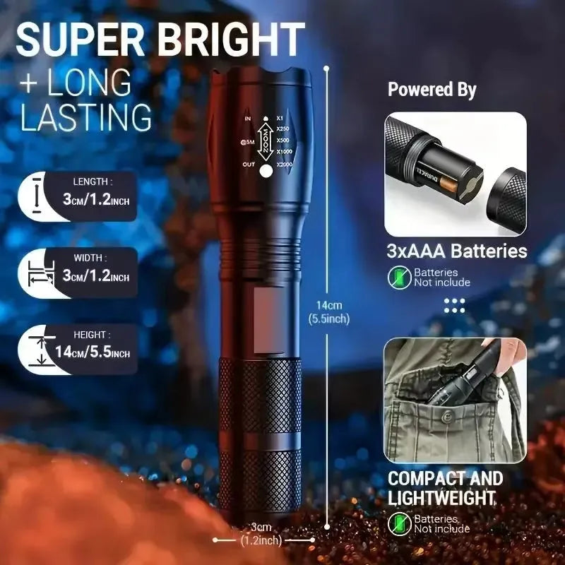 High power LED tactical flashlight with black aluminium alloy body, CREE XM-L bulb, adjustable zoom, standing upright on a wooden surface.