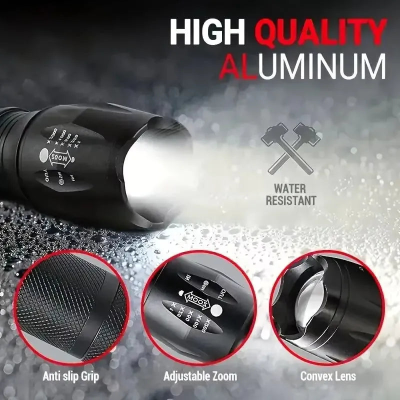 High power LED tactical flashlight with black aluminium alloy body, CREE XM-L bulb, adjustable zoom, standing upright on a wooden surface.