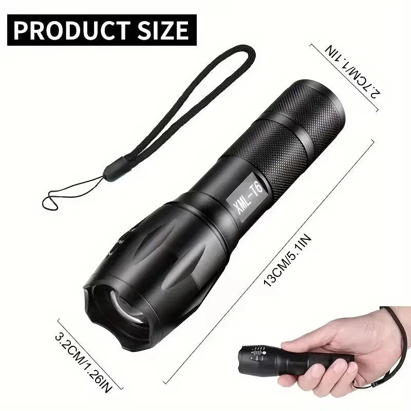 High power LED tactical flashlight with black aluminium alloy body, CREE XM-L bulb, adjustable zoom, standing upright on a wooden surface.
