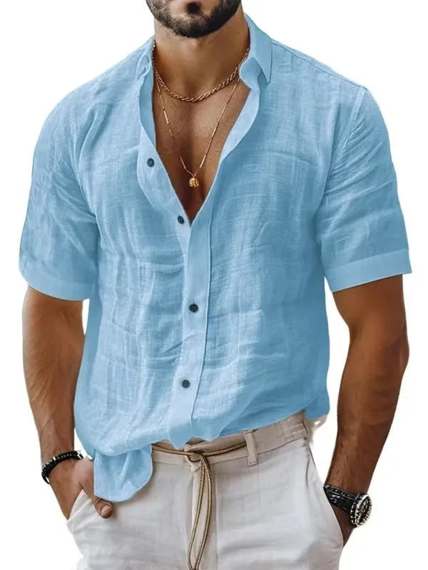 Men's short sleeve lapel shirt in cotton-linen blend with cardigan style open front