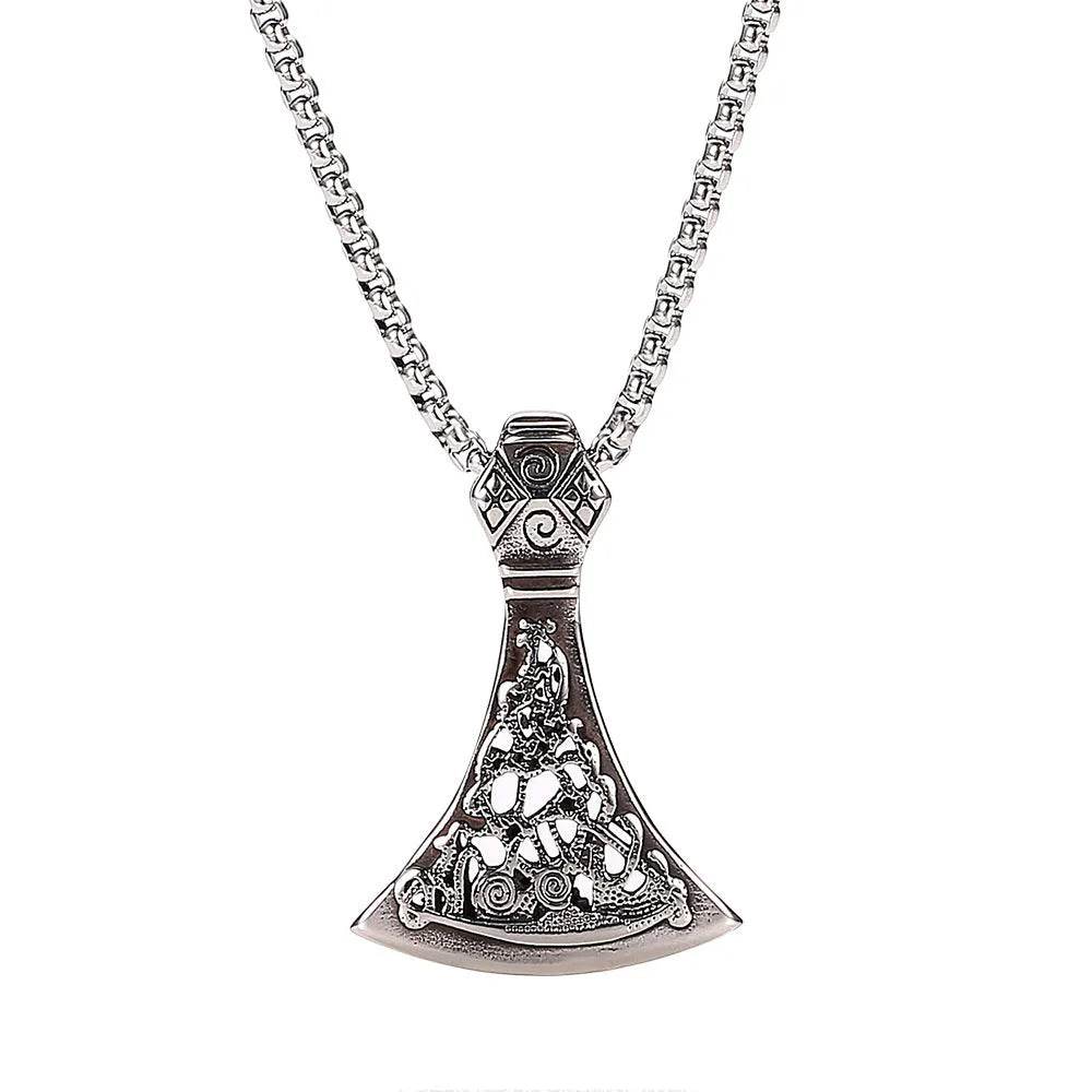 Retro men's high-end titanium steel axe pattern pendant necklace with O-link chain on white background