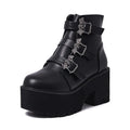 Black ladies punk Martin boots with bat buckle, thick heel, side zip, and round toe.