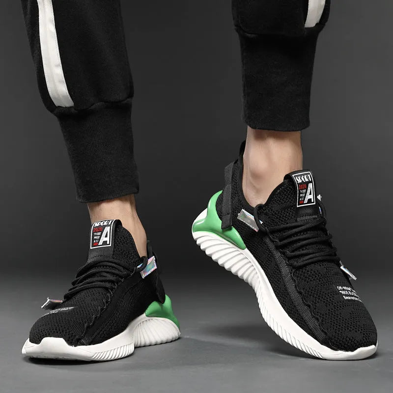 Men's breathable mesh casual shoes with flying woven upper in black