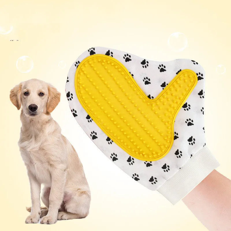 White silicone pet brush glove for deshedding and bathing cats and dogs 25x17cm