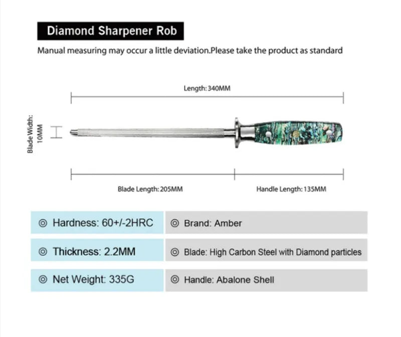 High carbon steel knife sharpener with diamond particles and abalone shell handle