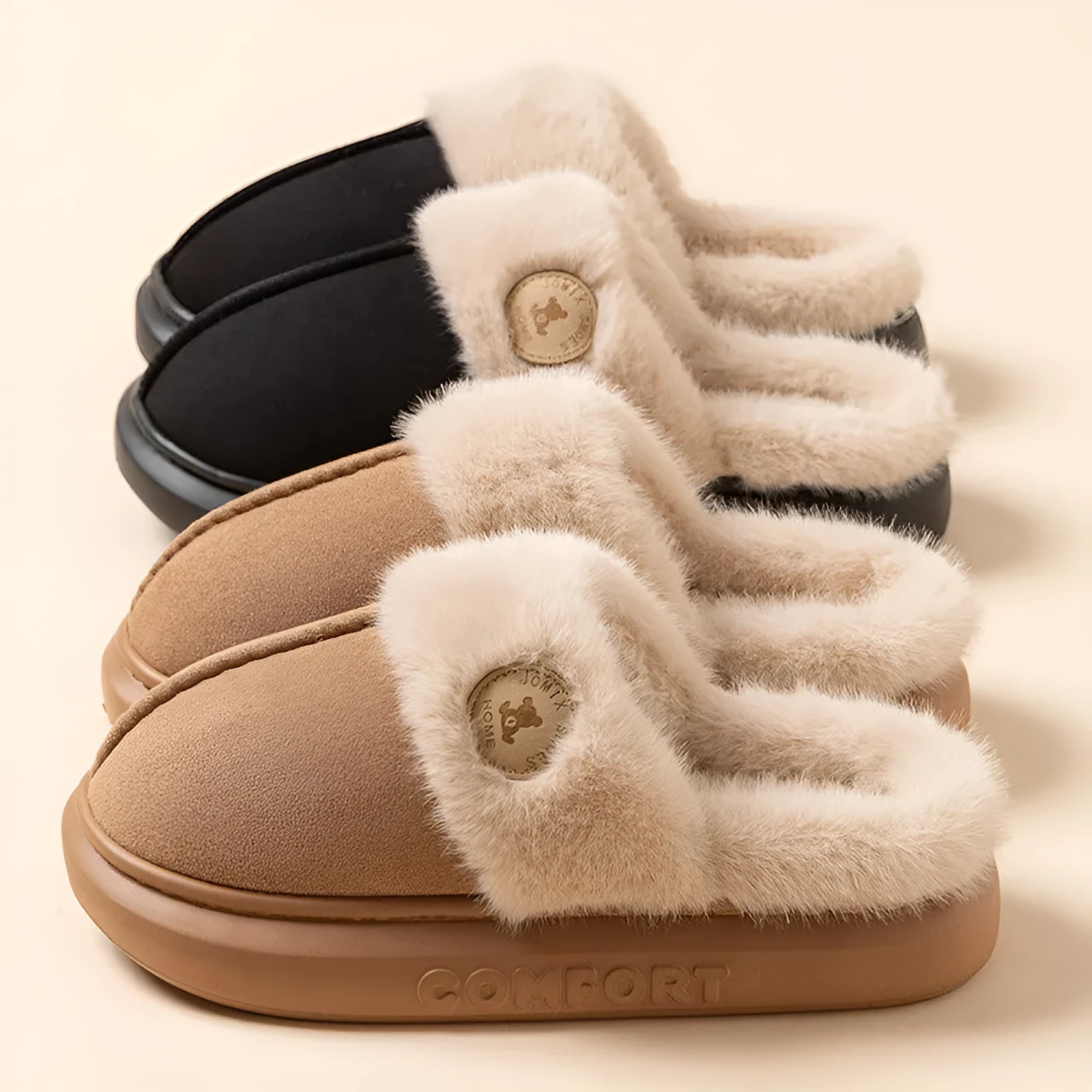 Plush fleece winter slippers with thick PVC sole and car stitching detail