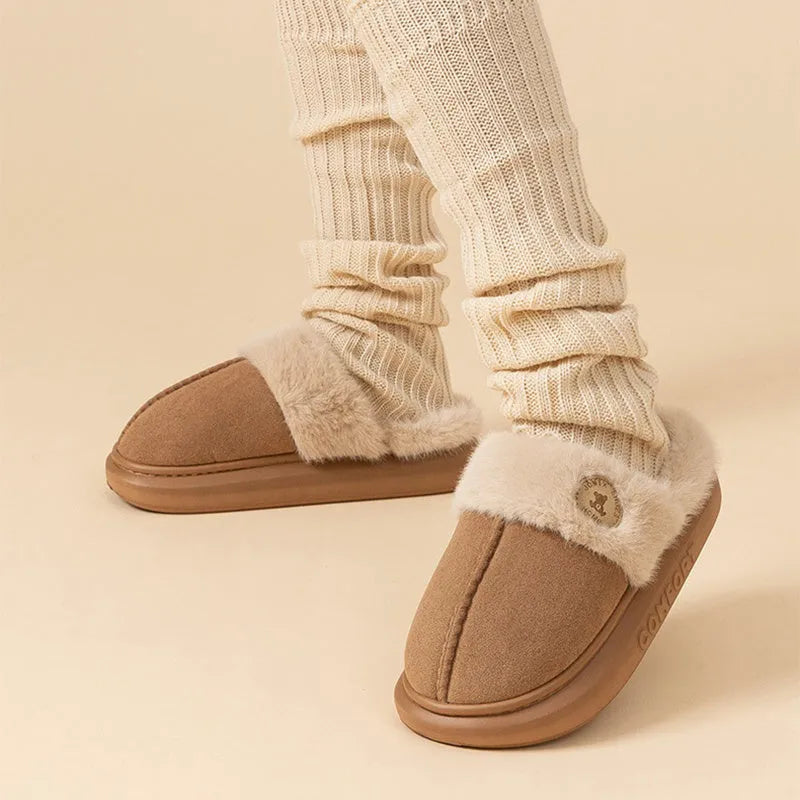 Plush fleece winter slippers with thick PVC sole and car stitching detail