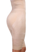 Black seamless high-waist shapewear shorts laid flat, showing the tummy control panel and leg openings.