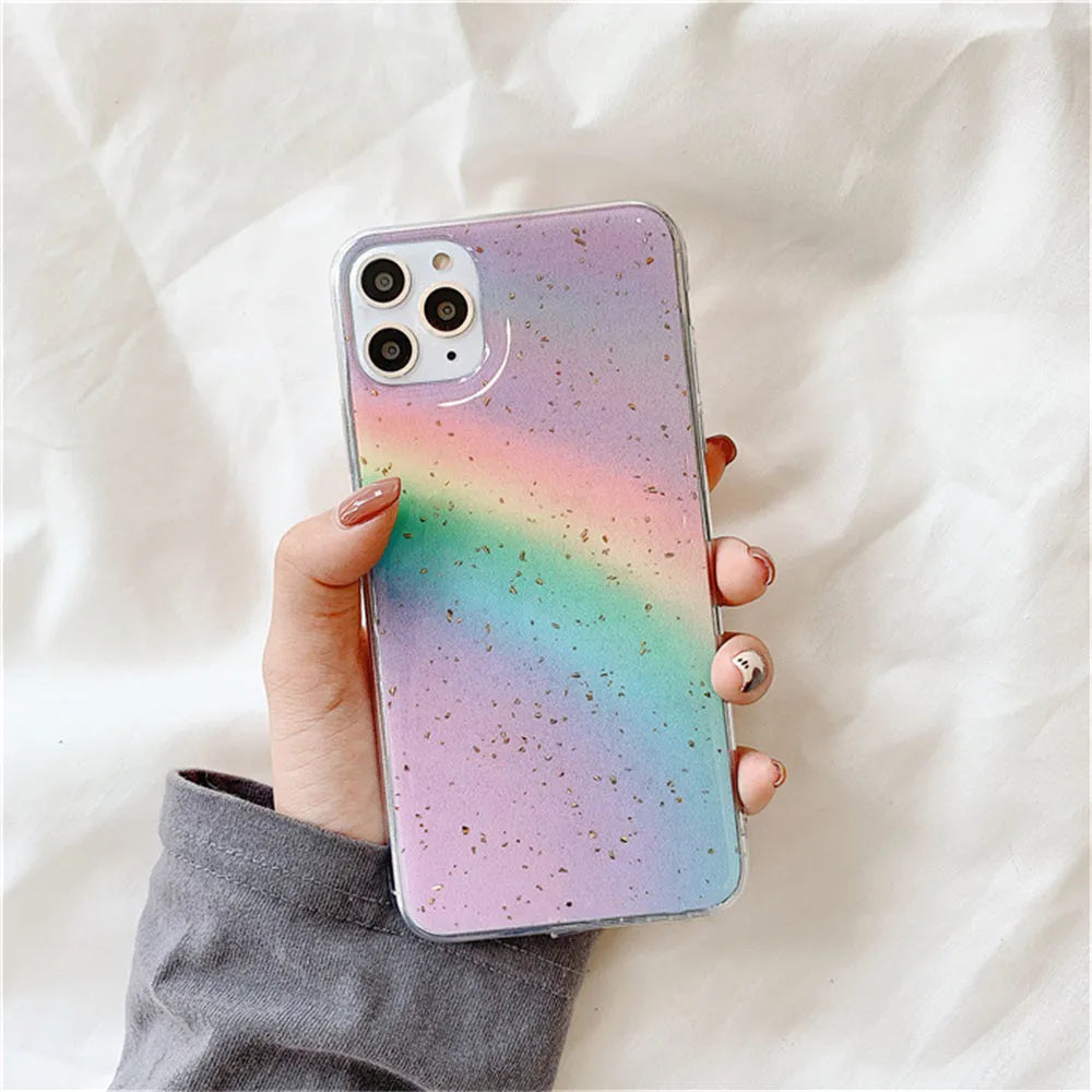 Rainbow gradient iPhone case with striped design on TPU protective shell