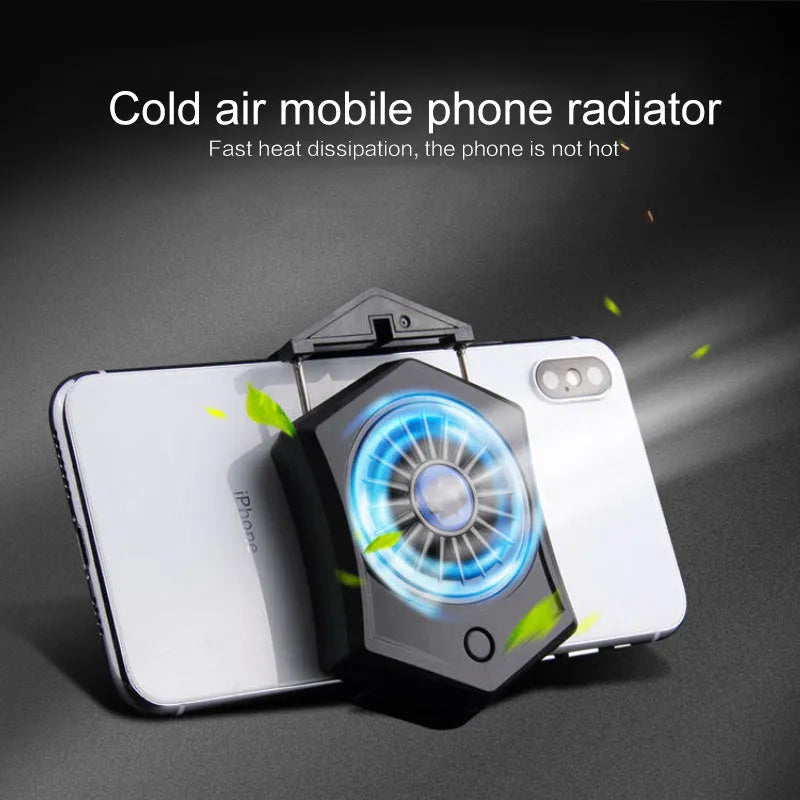 Black and white mobile phone cooling radiator with USB cable for connection to PC or console.