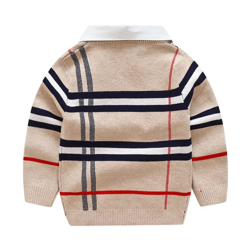 Boys apricot and navy blue plaid jacquard cotton sweater with long sleeves
