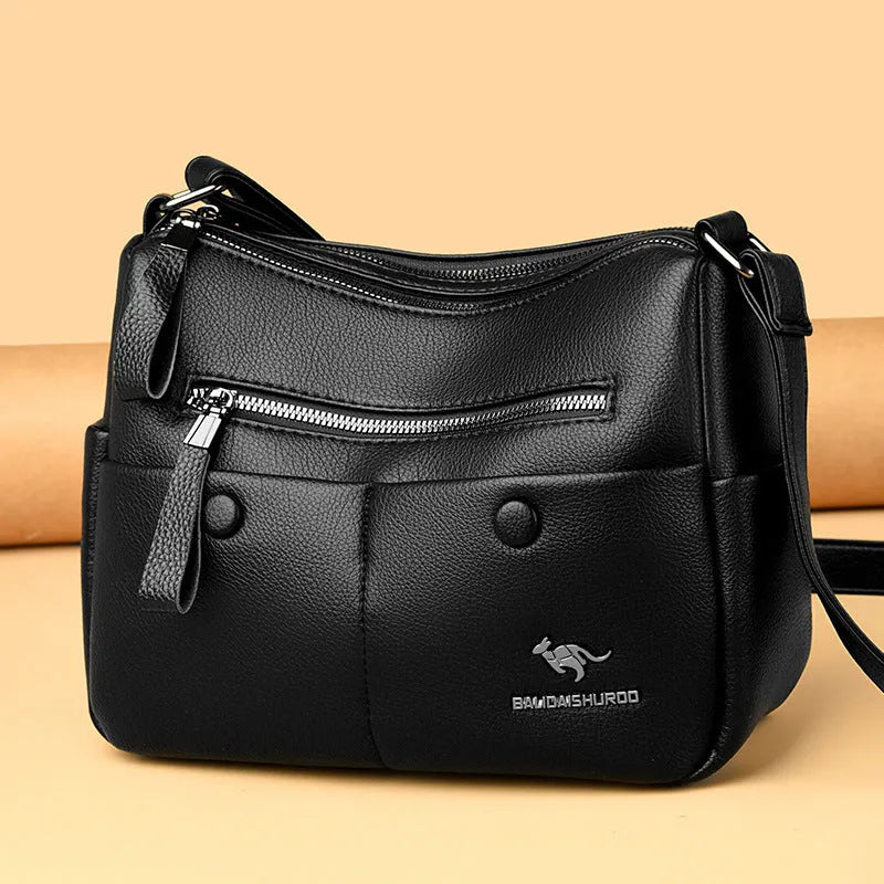 Soft leather PU crossbody bag in horizontal square shape with multiple compartments