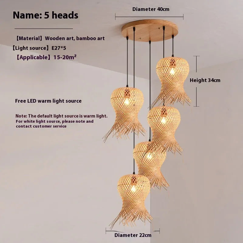 Bamboo woven chandelier with wood art frame new Chinese style ceiling lamp