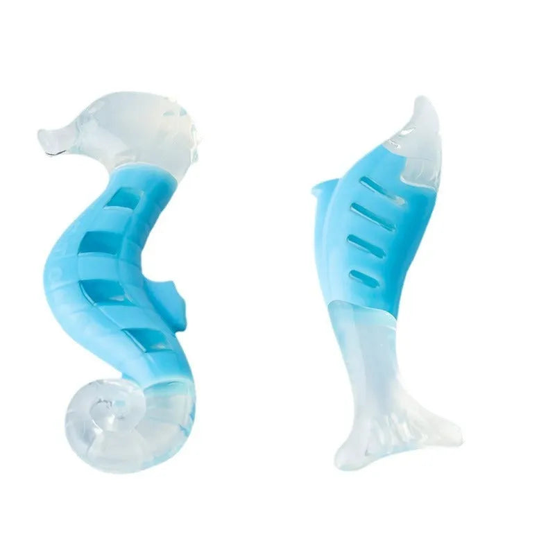 PU nylon dog chew toy combination set showing seahorse and tuna designs with squeakers