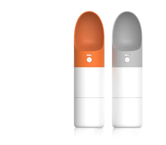 MOESTAR white and grey rocket-shaped pet drinking cup with a black drinking nozzle and lock button.
