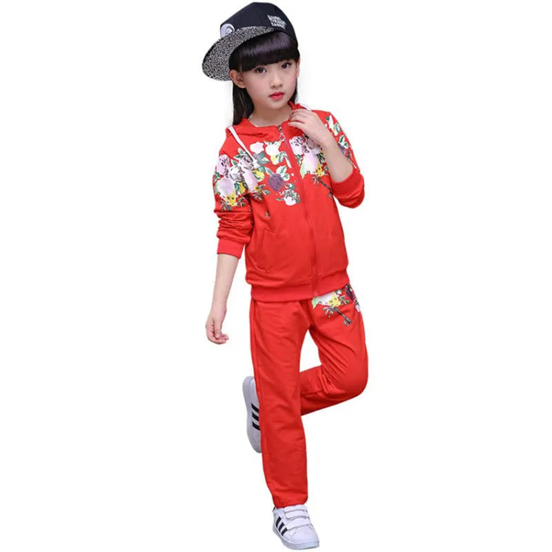 Two sets of boys' hooded tracksuits in pink, red or yellow for spring and autumn.