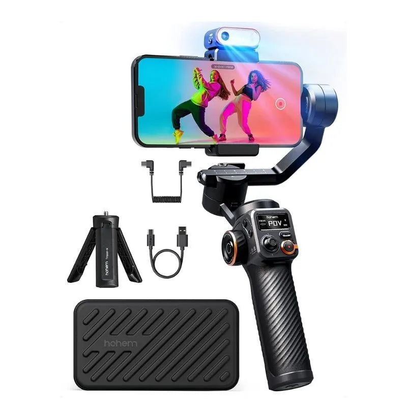 Black smartphone gimbal stabiliser with AI fill light and tripod on a table
