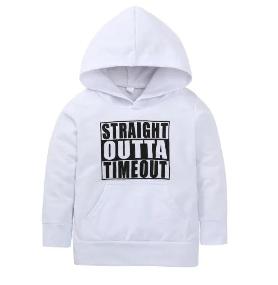 Black children's hooded sweater with white letter pattern, long sleeves, and a pullover neck.