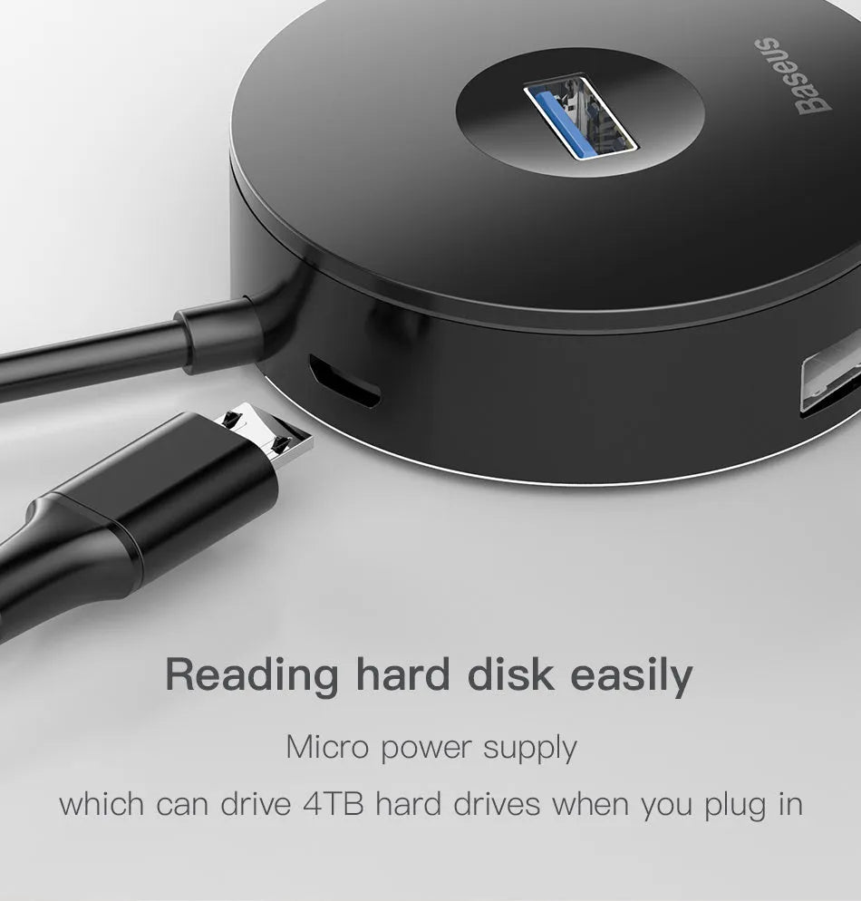 Round USB hub adapter for notebook with black cable and LED indicator for power