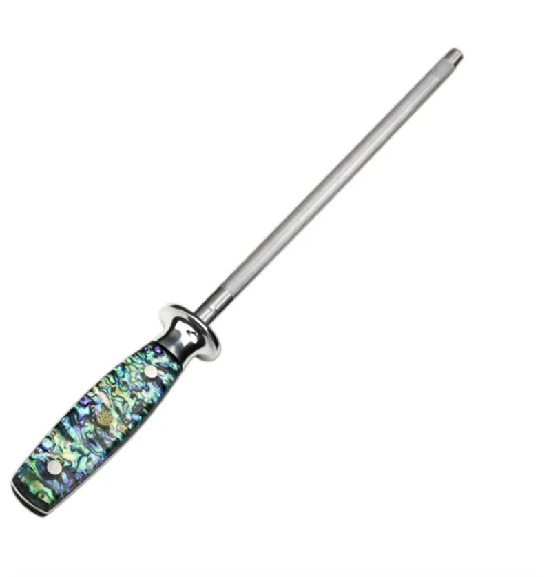 High carbon steel knife sharpener with diamond particles and abalone shell handle