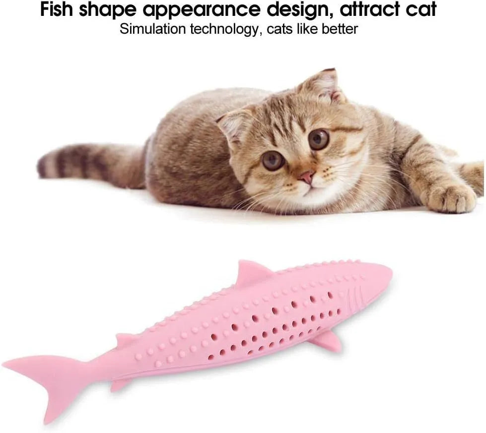 Green fish-shaped silicone cat chew toy with breathable side holes for catnip scent