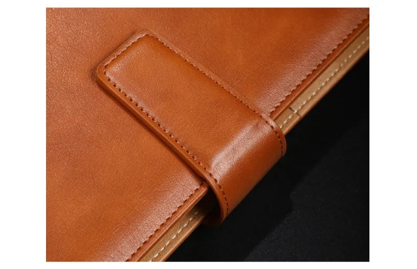 A5 hardcover leather buckle notebook in black, blue, brown, grey, or red with binder binding