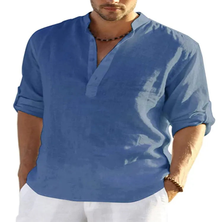 Men's solid colour casual shirt with stand collar and long sleeves in a cotton linen fabric