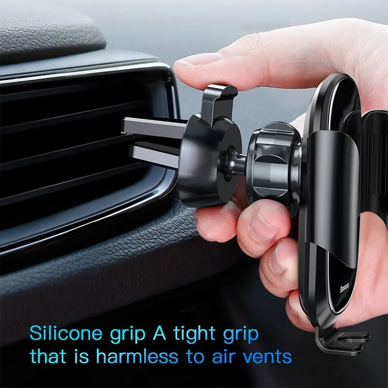 Intelligent touch sensor car phone holder in black, air vent mount, aluminium alloy and glass panel, fitting 4.0-6.5 inch phones.