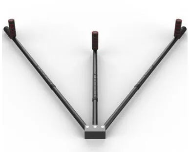Cross fork lacing artifact leg stretcher with two extension bars, centre handle, and soft foam grips in black