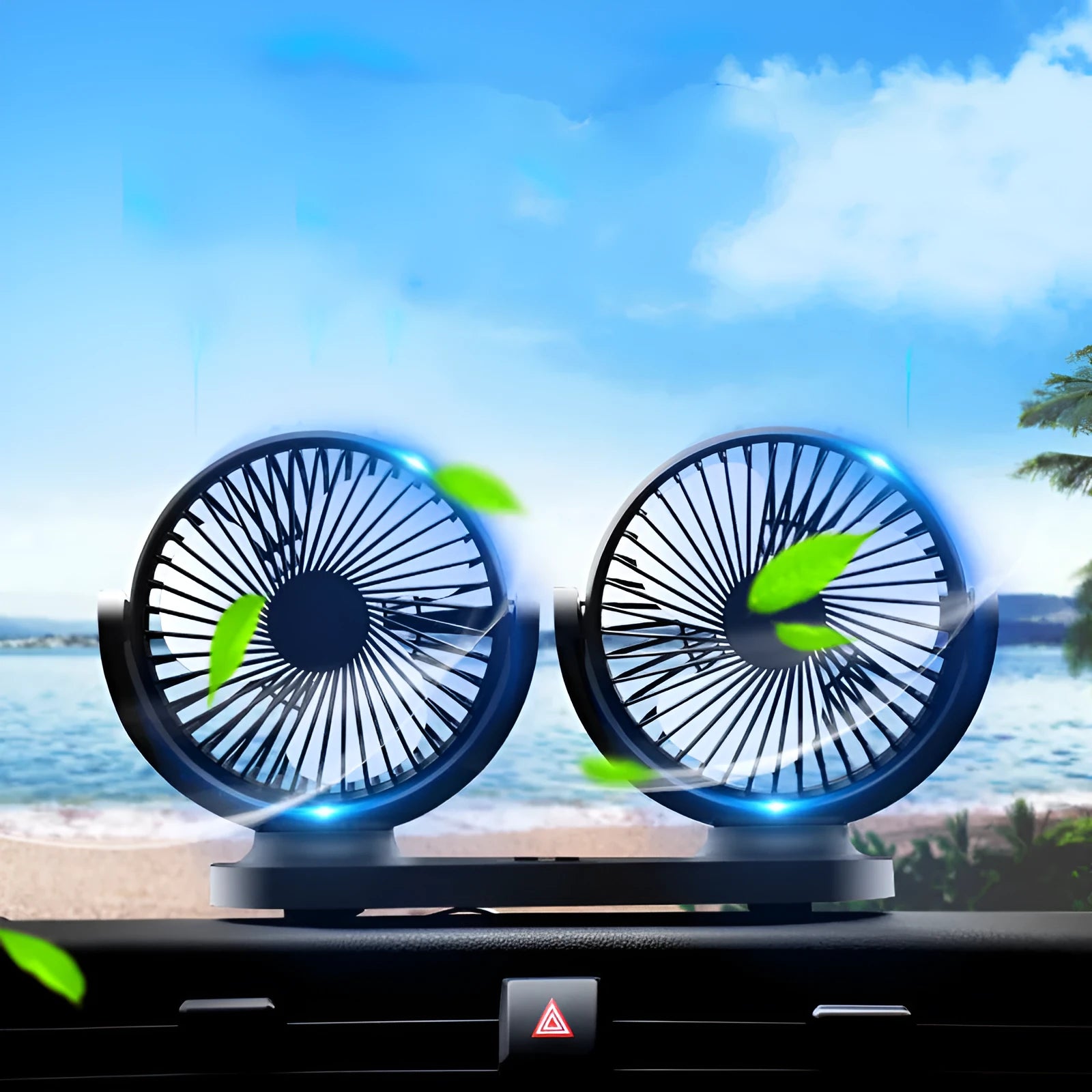 USB car fan dual head dual switch black ABS plastic 124x12x75mm with 1.4m cable