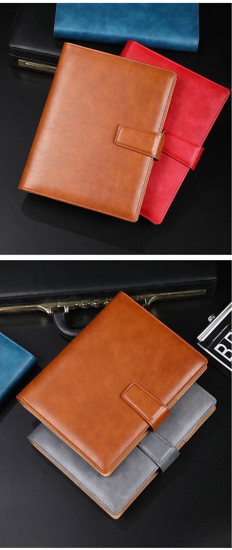 A5 hardcover leather buckle notebook in black, blue, brown, grey, or red with binder binding