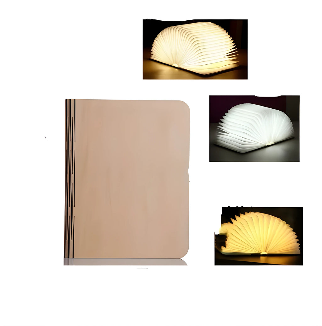 Solid wood book light with USB cable on a desk next to a book.