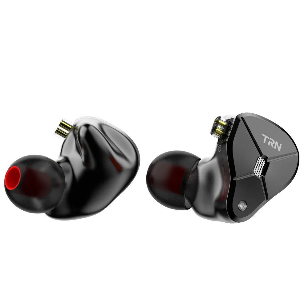 Black wired in-ear headphones with a 3.5mm straight plug and silicone ear tips.