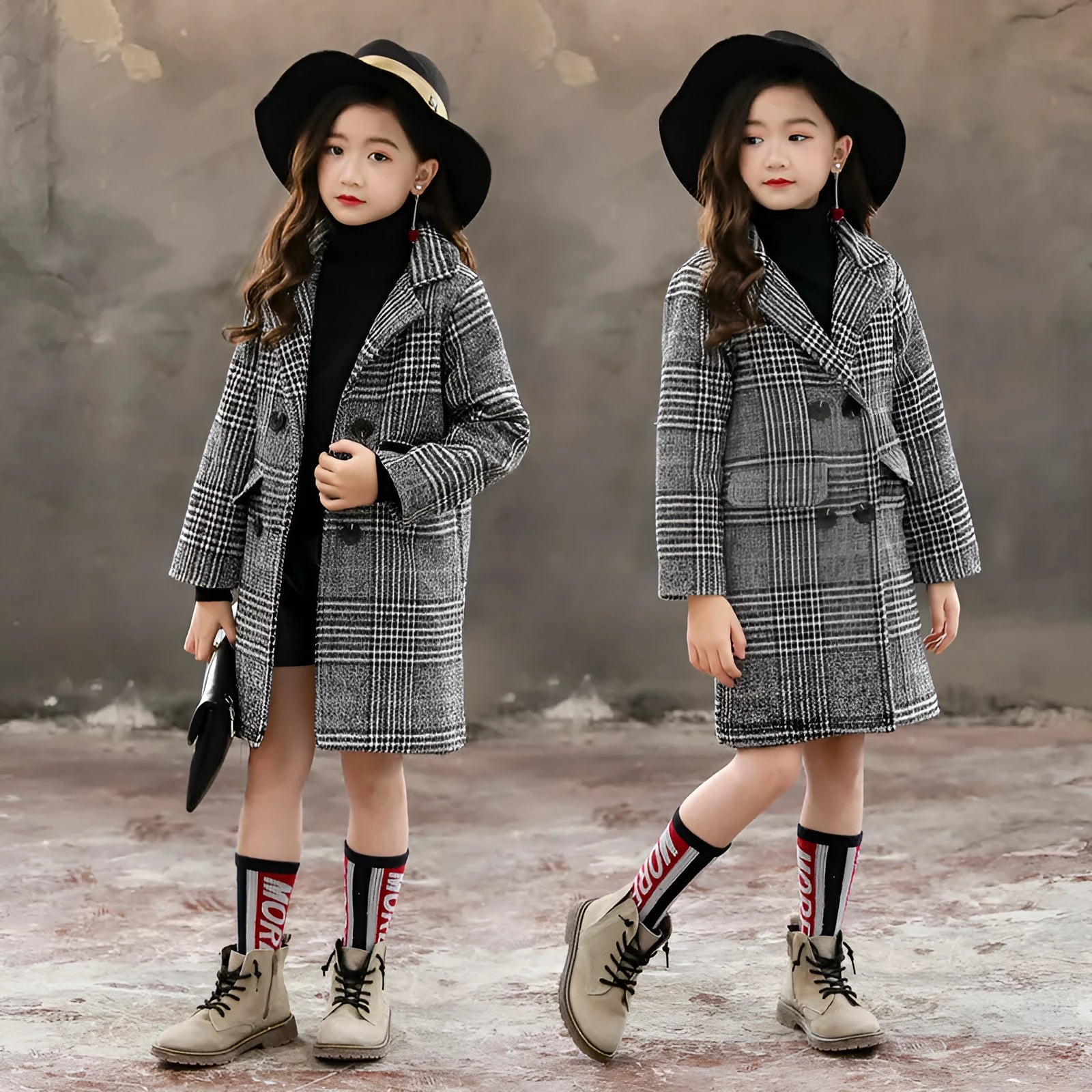 Grey houndstooth plaid coat for girls with suit collar and long sleeves.