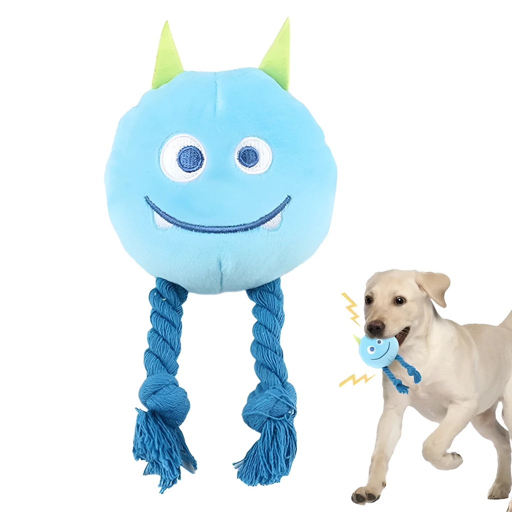 Blue or yellow cotton rope dog squeaky toy with knot design for teething and interactive play