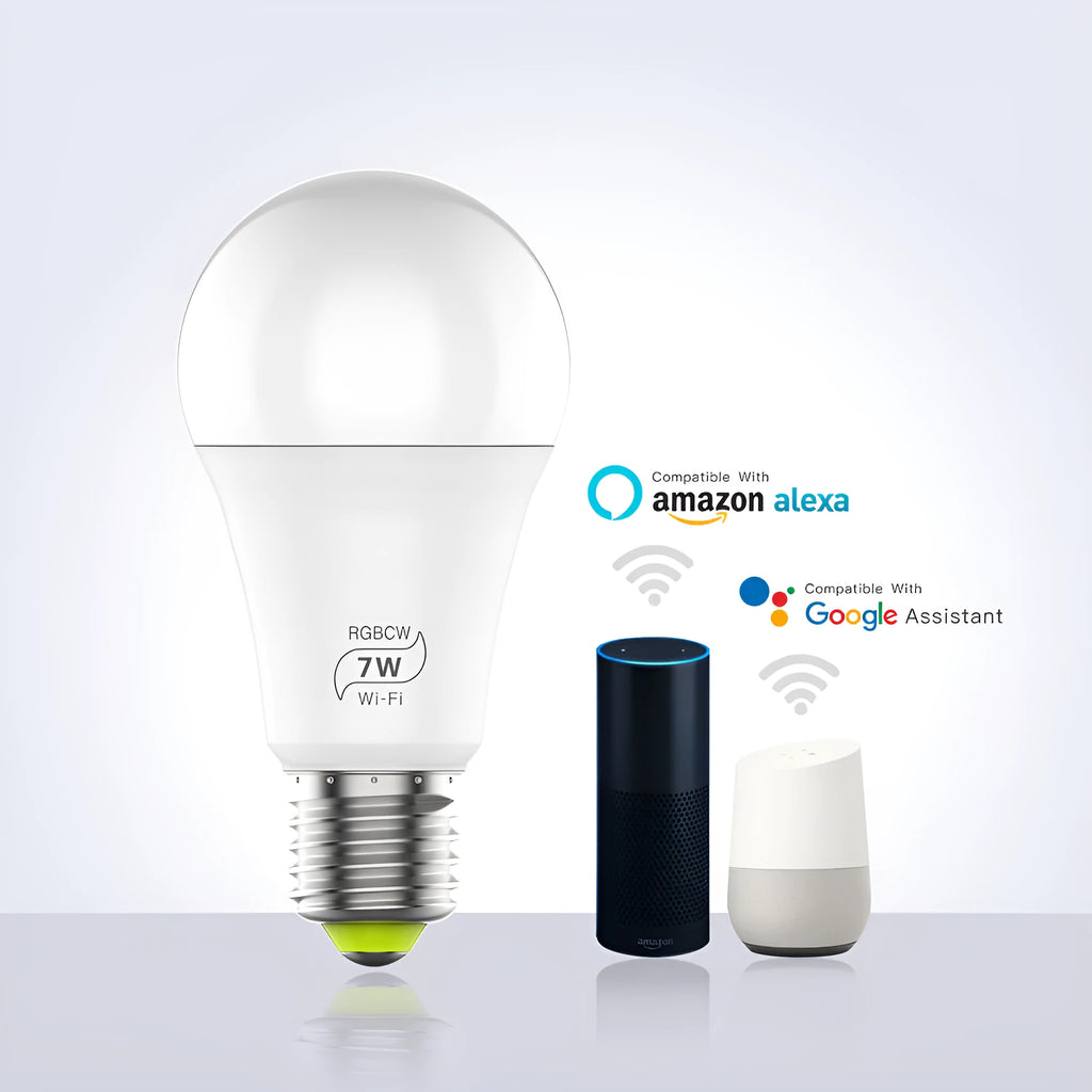 A white smart WiFi LED light bulb with a standard E27 screw base, shown with colourful light effects.